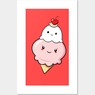 Kawaii Strawberry Ice Cream Cone Posters and Art